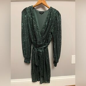 Green sequin wrap dress, long sleeve mini